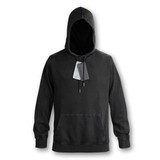 A faded black unisex hoodie with a front pocket and a drawstring hood, featuring a tag and a logo.